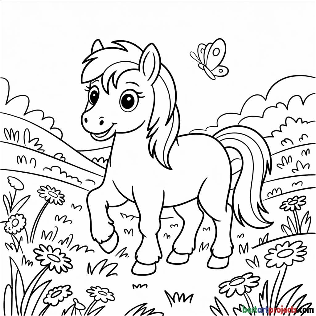 Cute Cartoon Pony in a Meadow Coloring Sheet