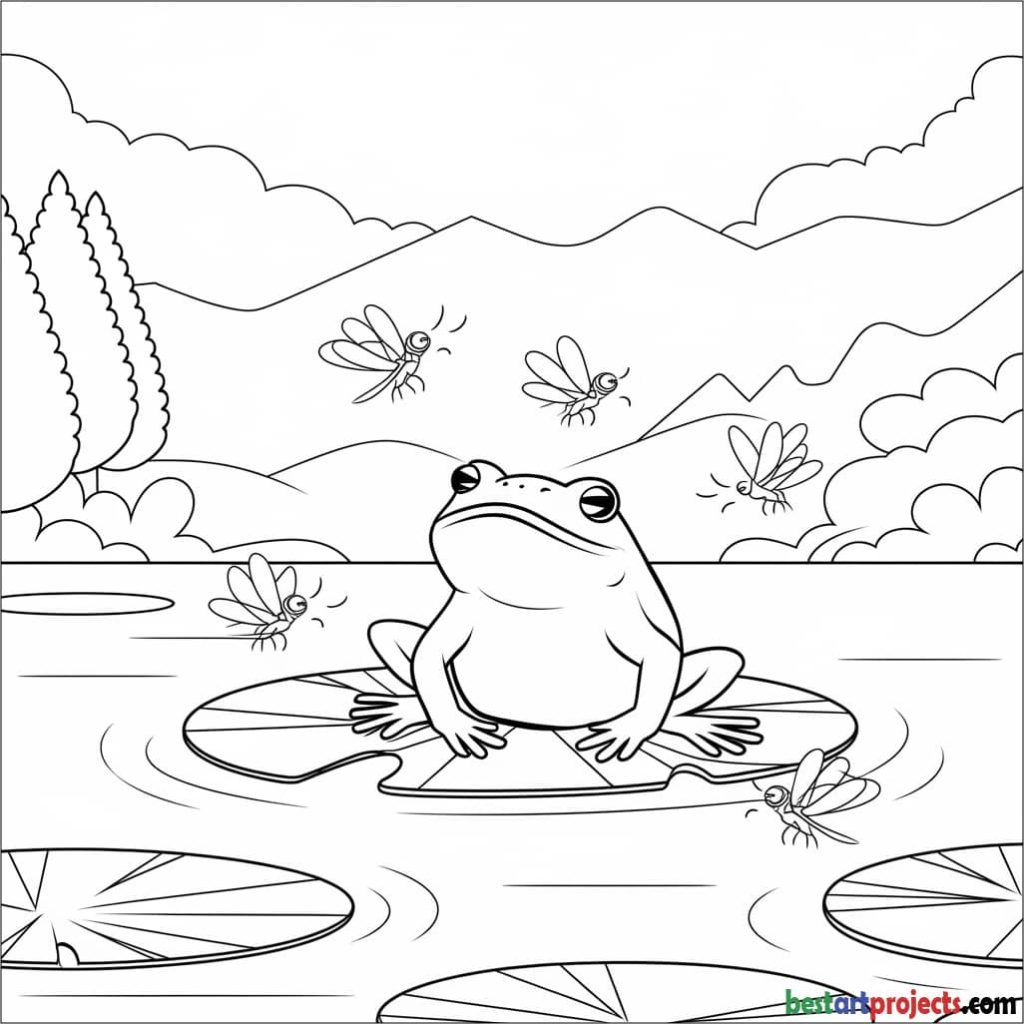 Frog Catching Flies Printable Coloring Page for Kids