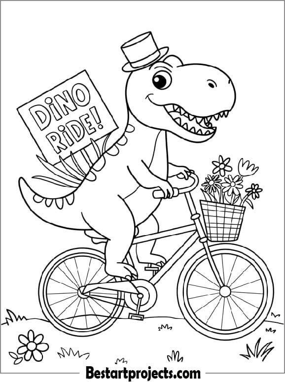 Dinosaur Riding Bicycle Free Coloring Page for Kids
