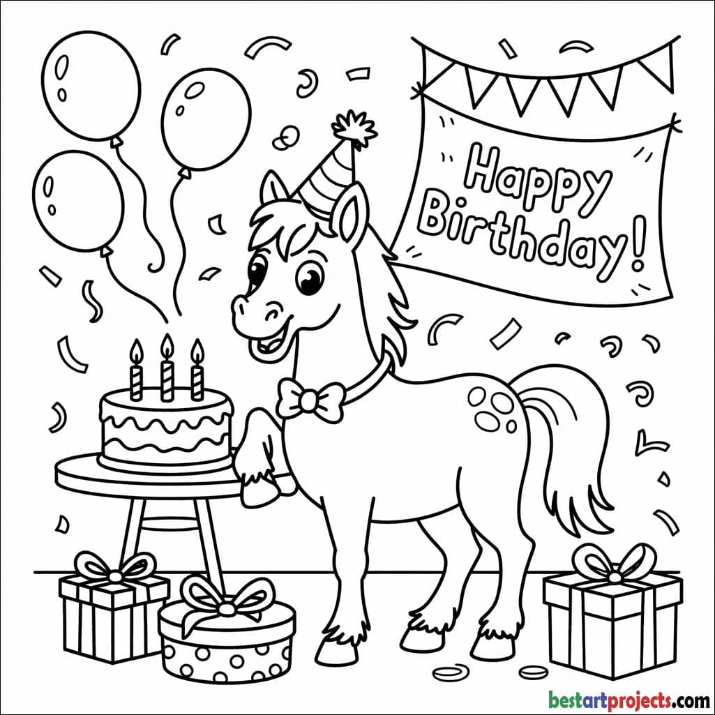 Horse at a Birthday Party Coloring page