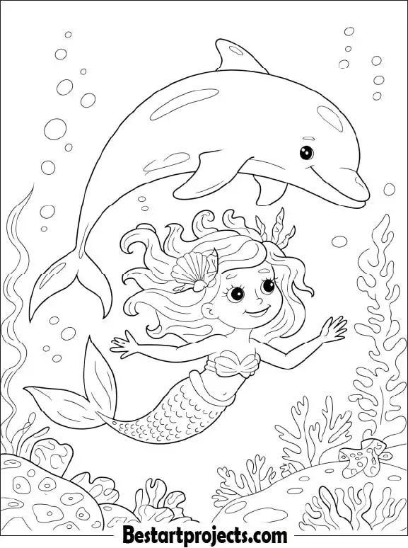 Mermaid and Dolphin Friendship Coloring Page