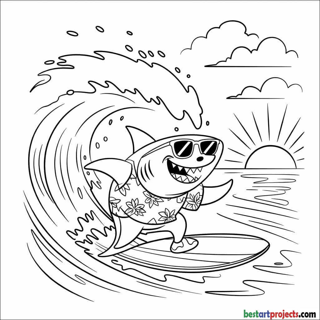 Surfer shark riding a wave at sunset Coloring Sheet
