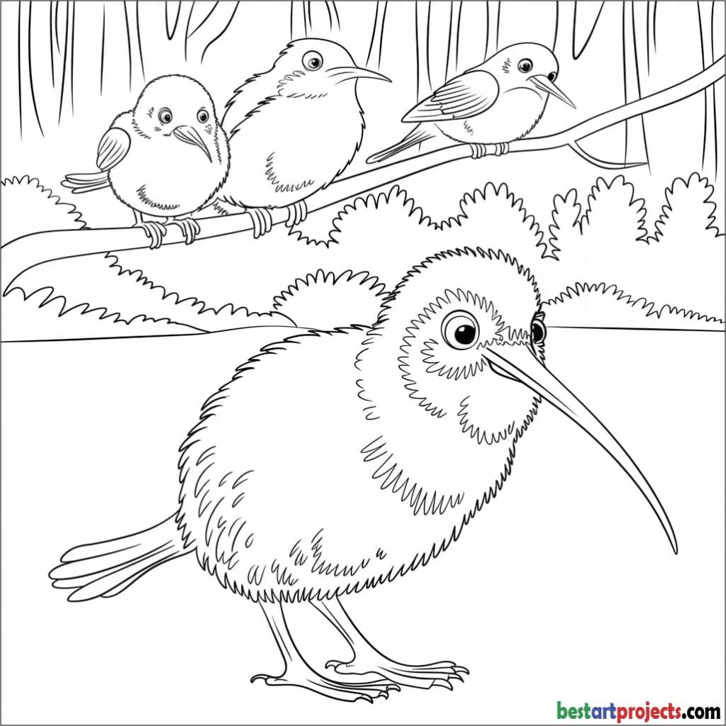  Kiwi Bird with Friends Coloring Worksheet