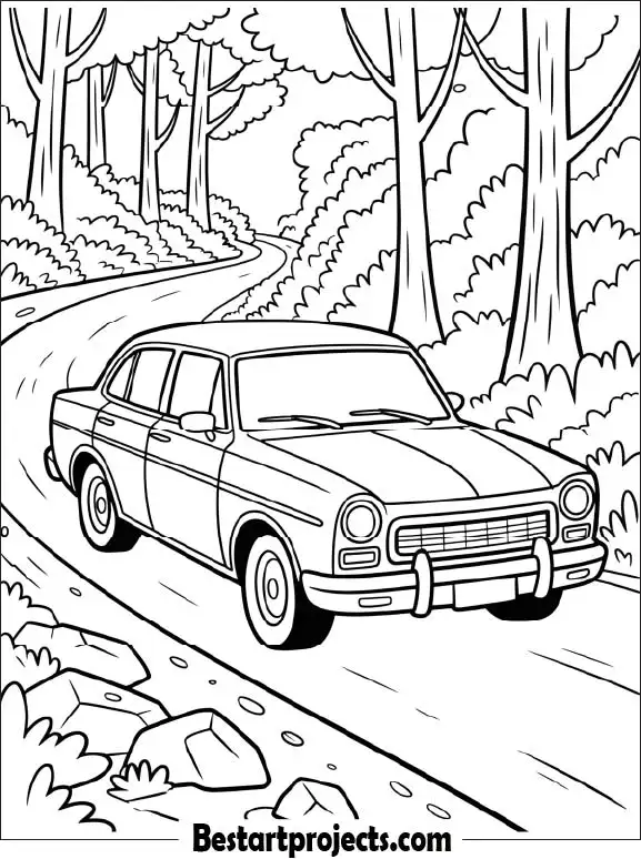 Car Driving Through the Forest Path Coloring Page for Kids