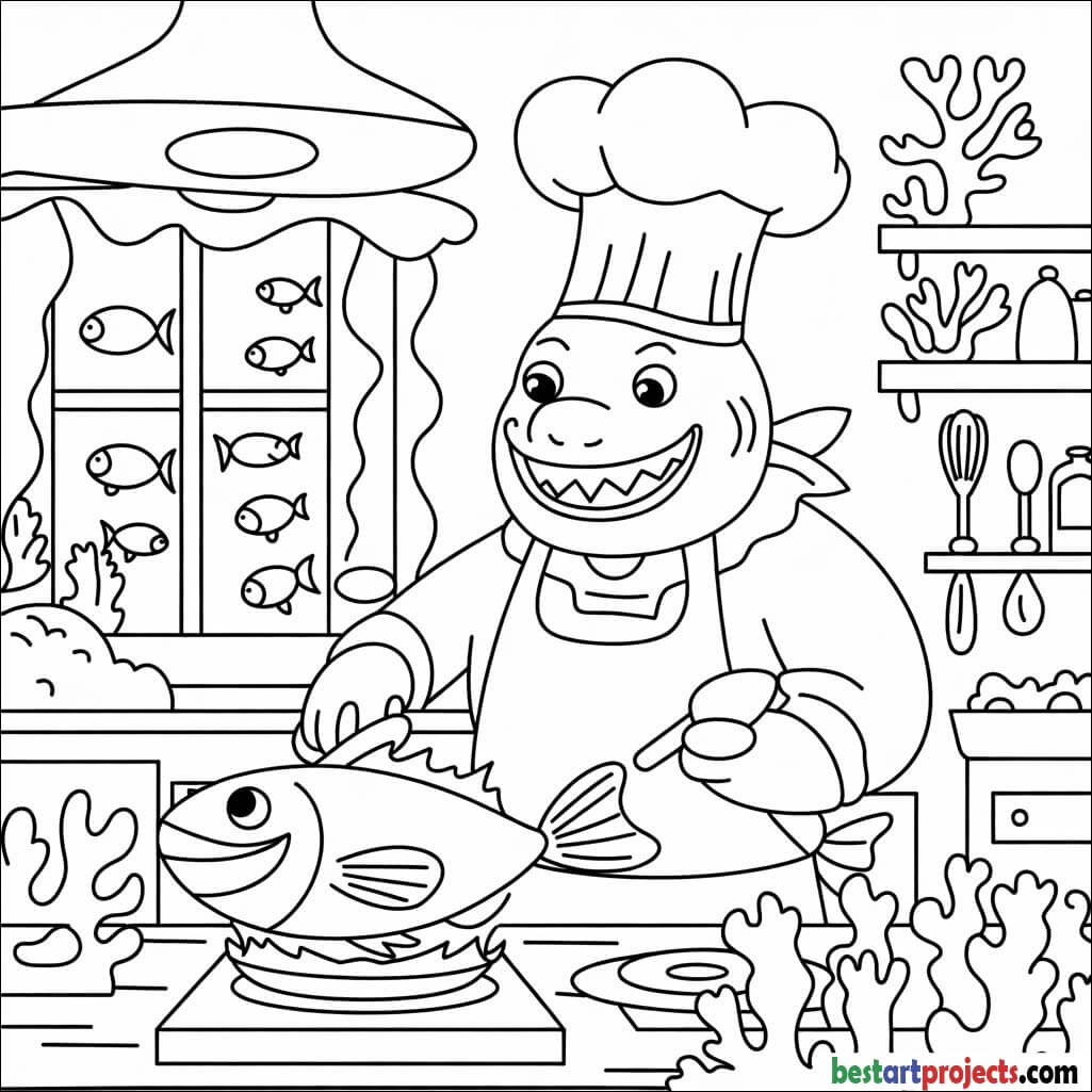 Chef shark cooking fish in an underwater kitchen coloring page