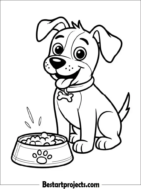 Dog with Food Bowl Coloring Page for Preschool