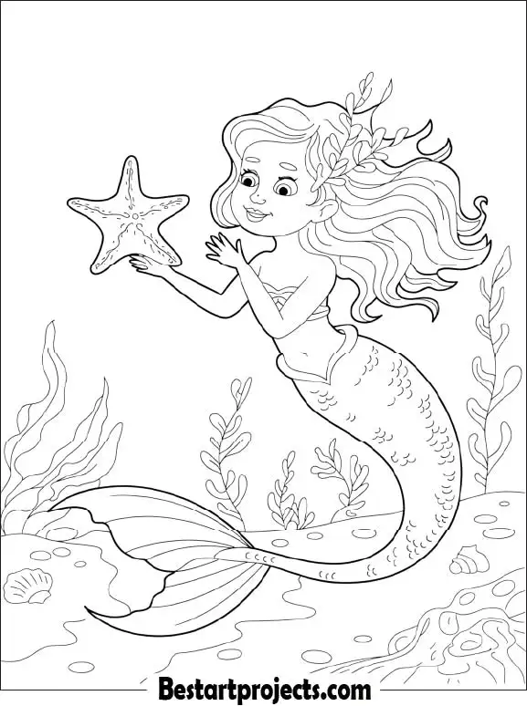 Mermaid Holding a Starfish Coloring Sheet