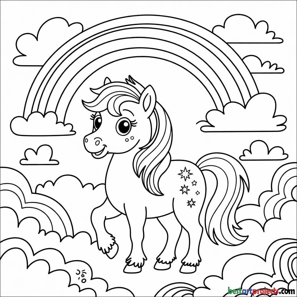 Rainbow Pony with Clouds Coloring sheet for kids 