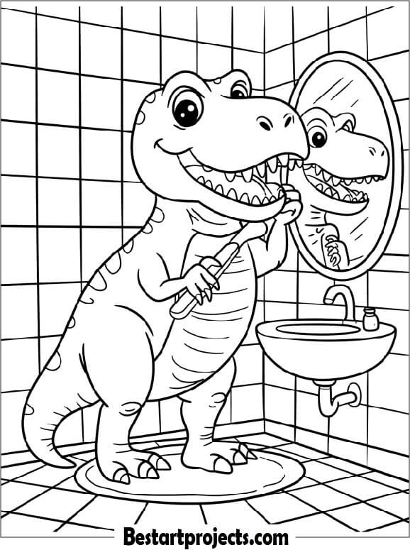 T-Rex Brushing Its Teeth  Printable Coloring Page