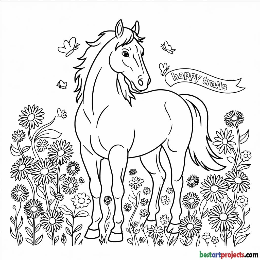 Horse in a Flower Field to Color
