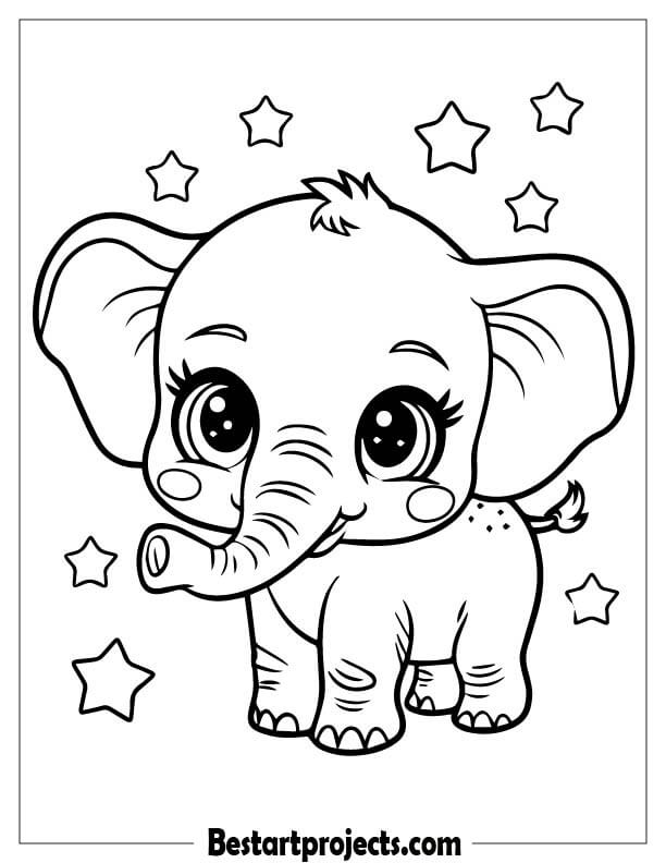 Kawaii-style baby elephant with stars around