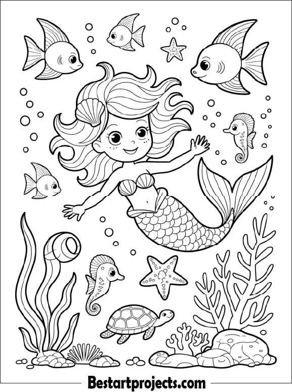 Mermaid Swimming with Fish Coloring Page