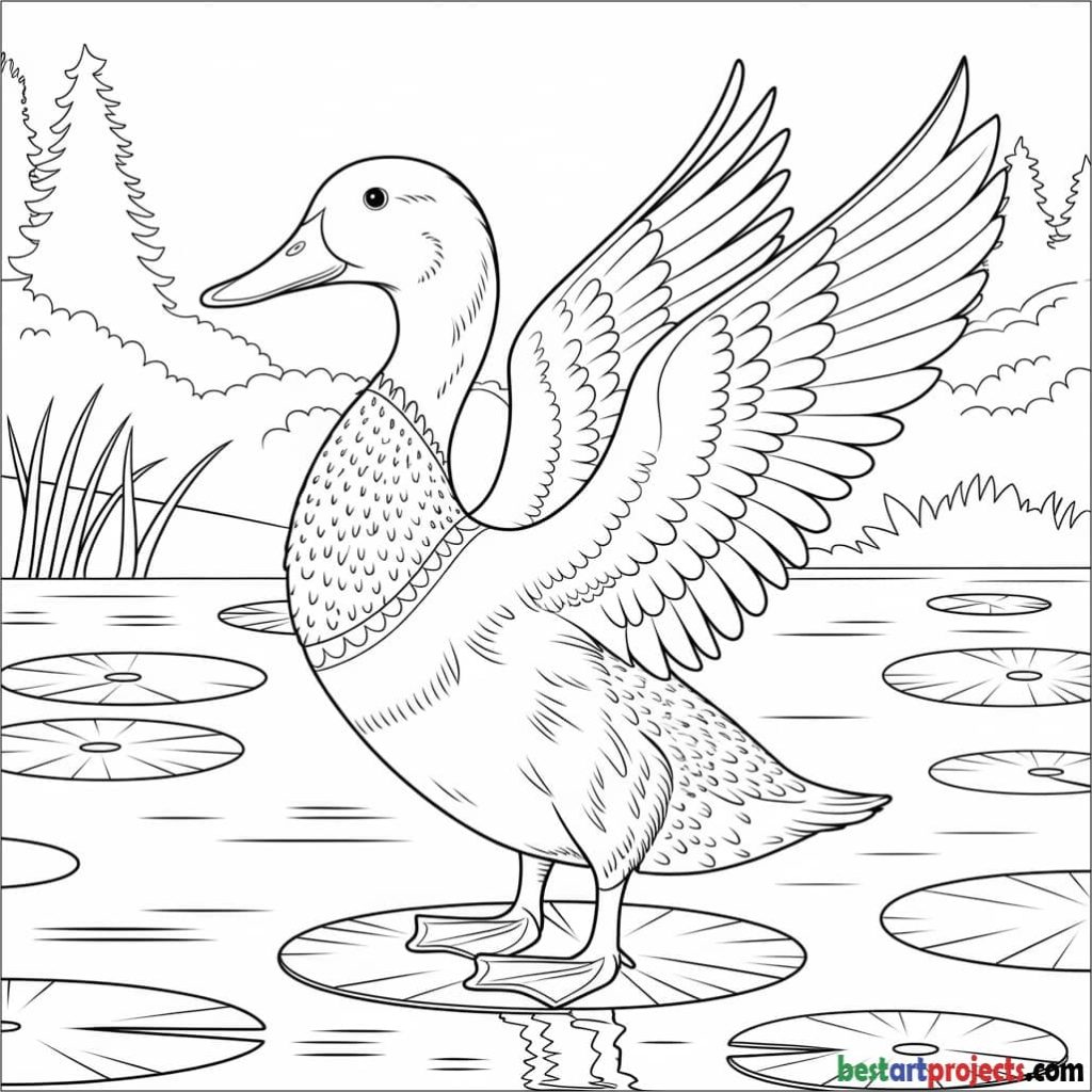 Duck with Wings Open coloring sheet 
