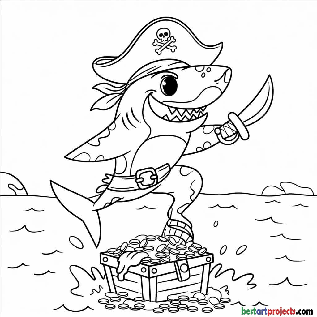 Cartoon pirate shark standing on a treasure chest Coloring page