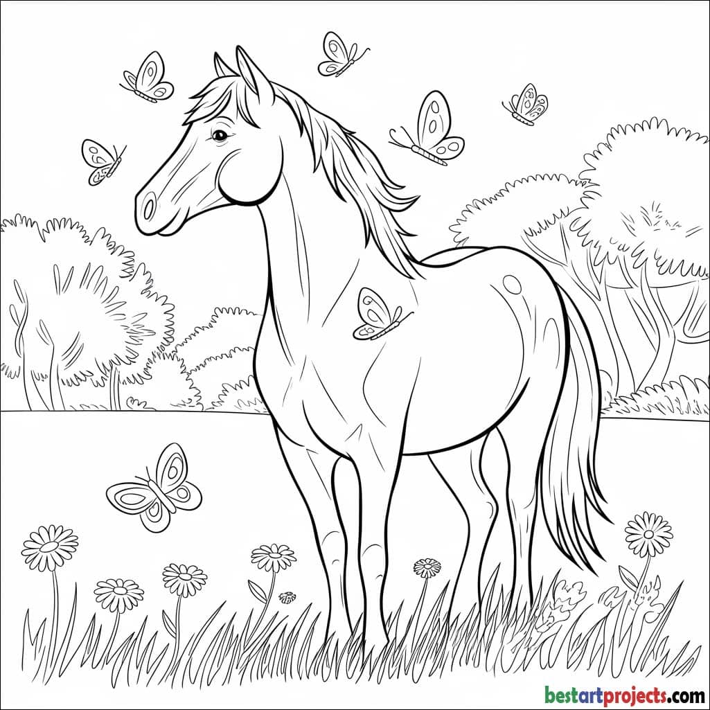 Horse with Butterflies Coloring sheet for free