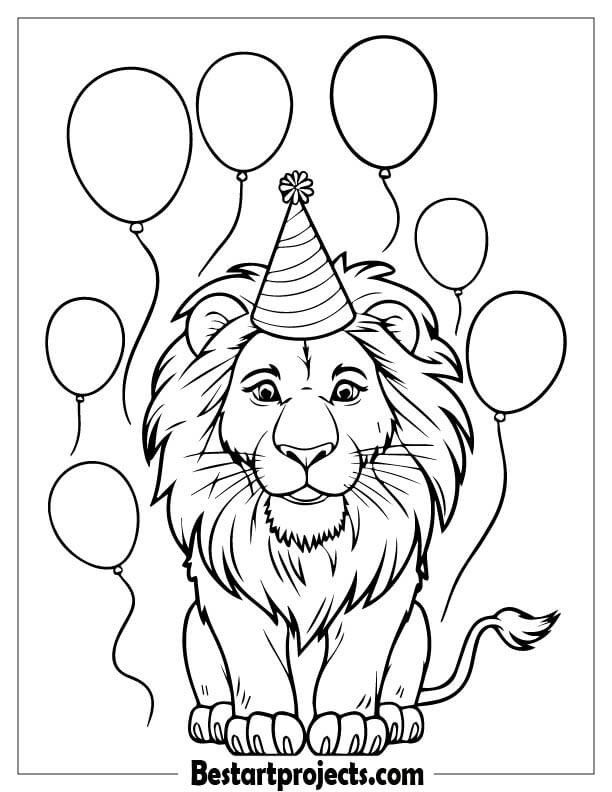 Lion with birthday hat and balloons