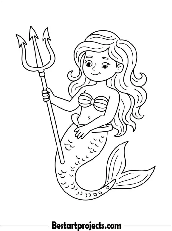 Mermaid Holding a Trident Coloring Sheet