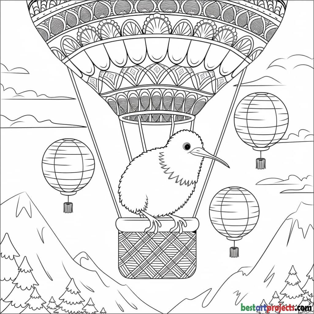  Kiwi Bird in a Hot Air Balloon Coloring Sheet