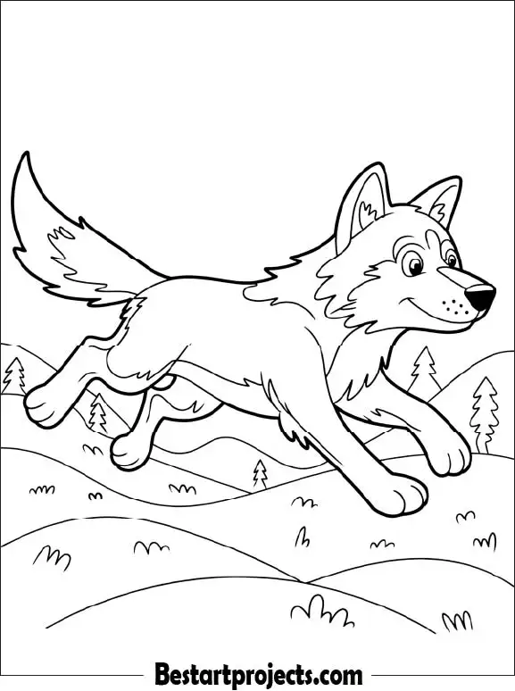 Cartoon Wolf Running Coloring Page for Kids