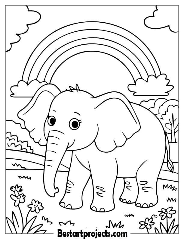 Elephant standing under a rainbow