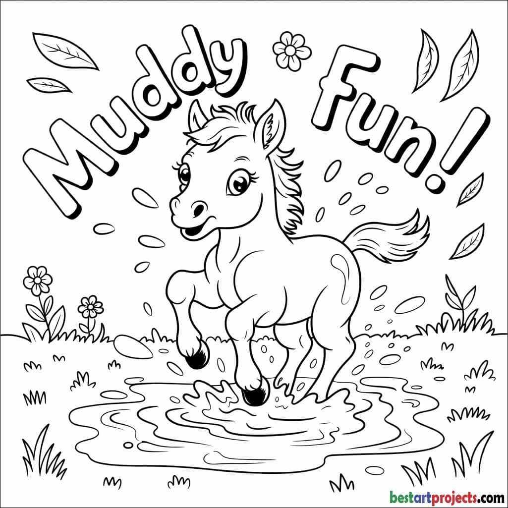 Foal Playing in Mud Free Coloring sheet