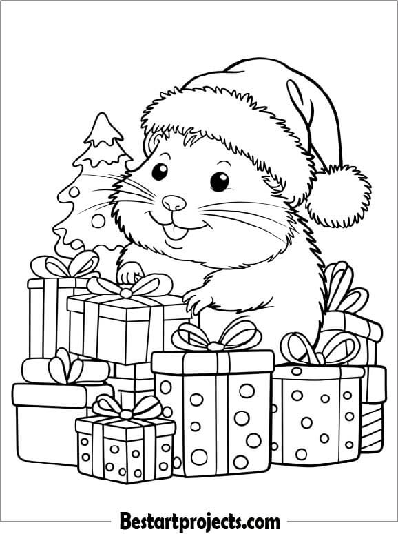 Hamster Wearing a Santa Hat with Christmas Gifts