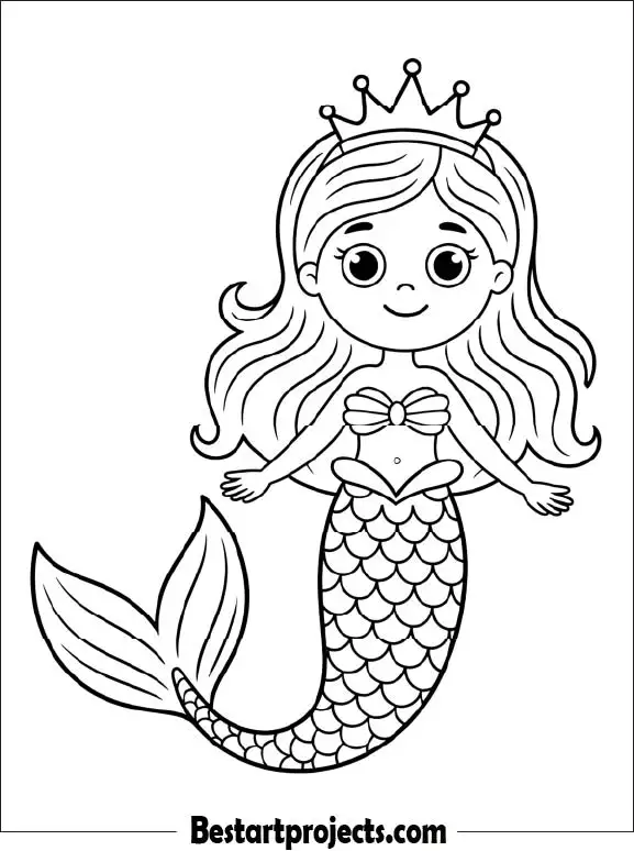 Mermaid Princess with Crown Coloring Page