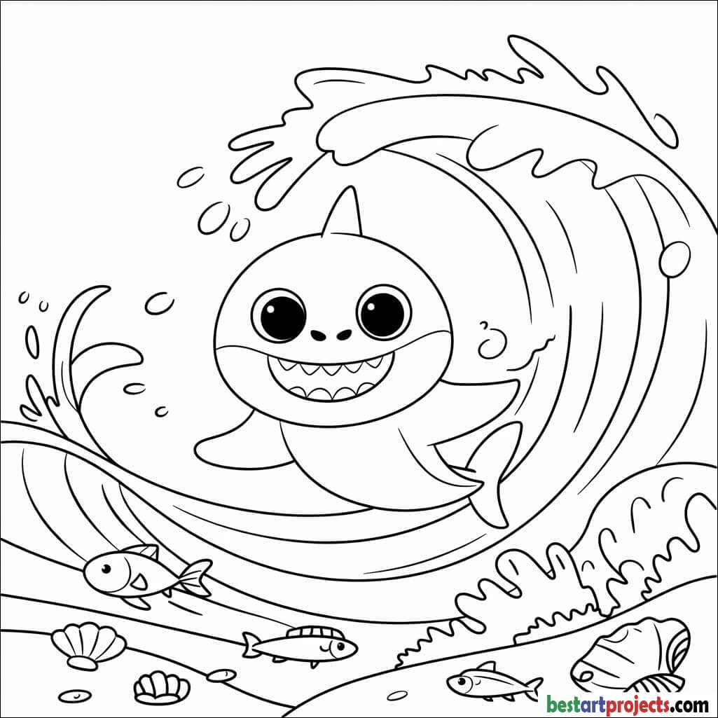 Smiling baby shark playing in waves Coloring page for free