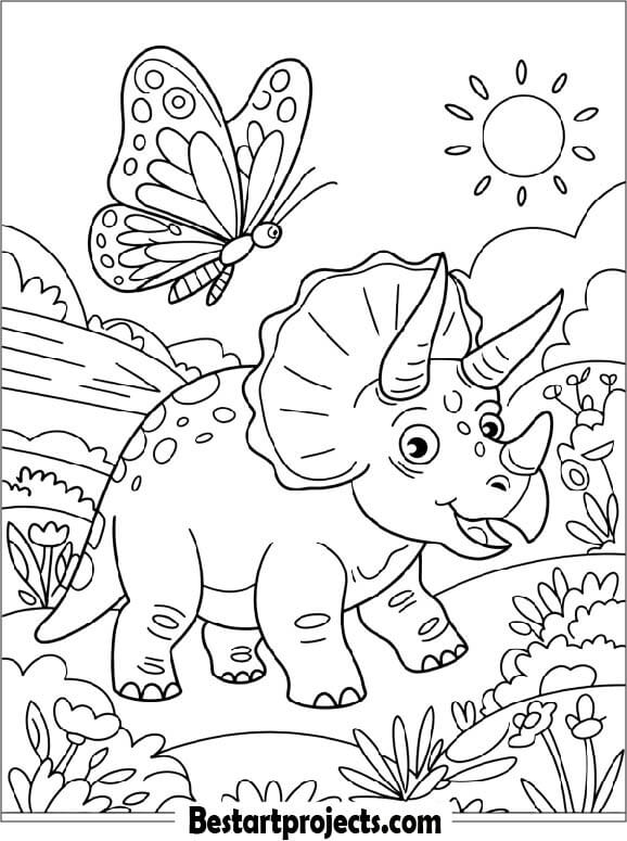 Triceratops Playing with  a Butterfly Coloring Page