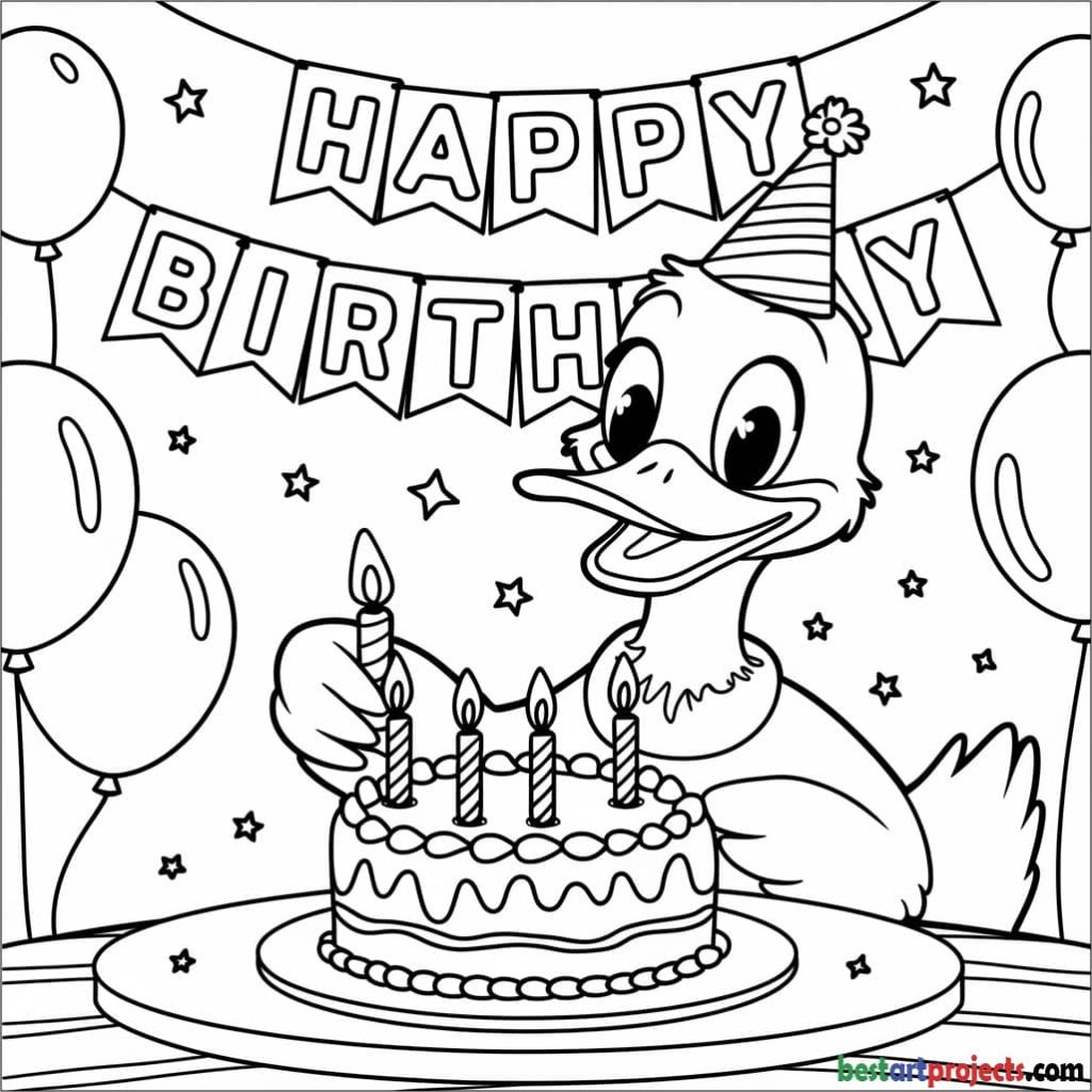 Duck at a Birthday Party coloring page for kids 