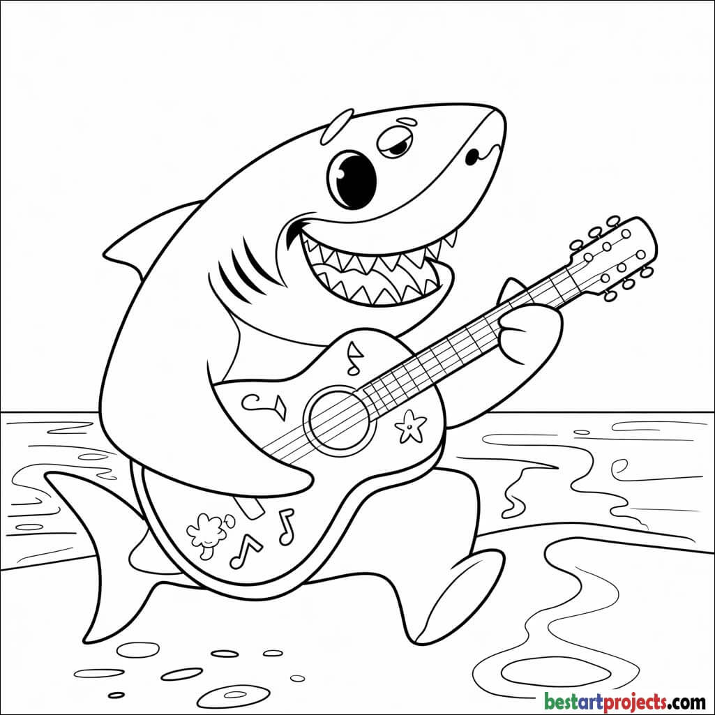 A Friendly Shark playing guitar  Coloring Sheet