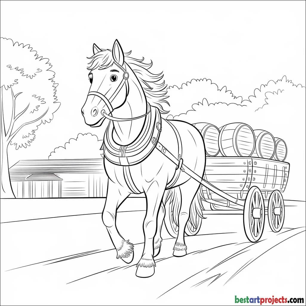 Horse Pulling a Wagon to Color 