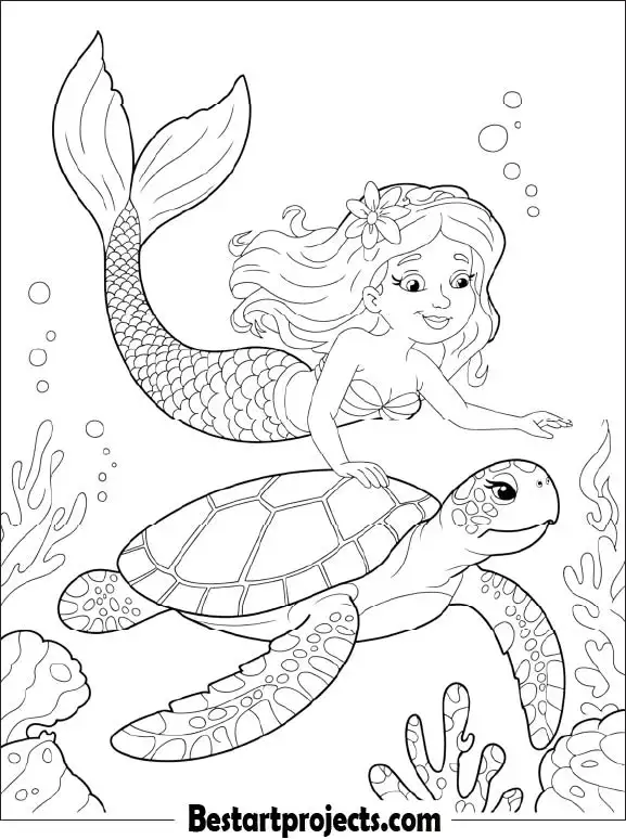 Mermaid and Sea Turtle Coloring Sheet