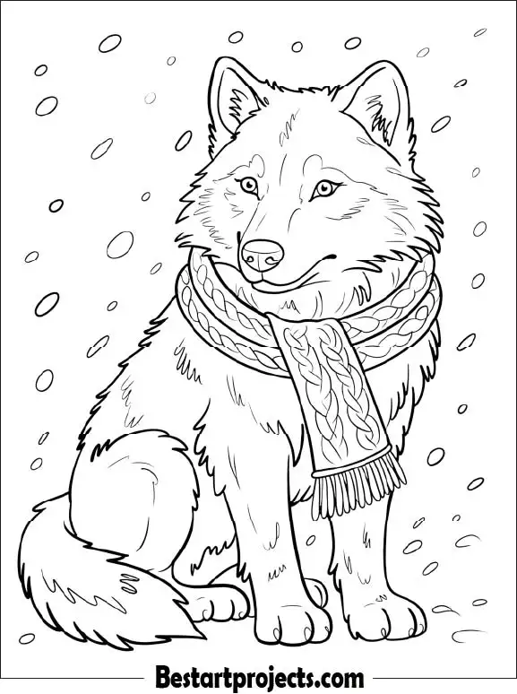 Wolf in Winter Scarf Printable Coloring Page