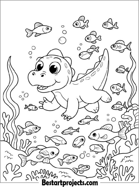 Baby Dino Swimming with Fish Coloring Page