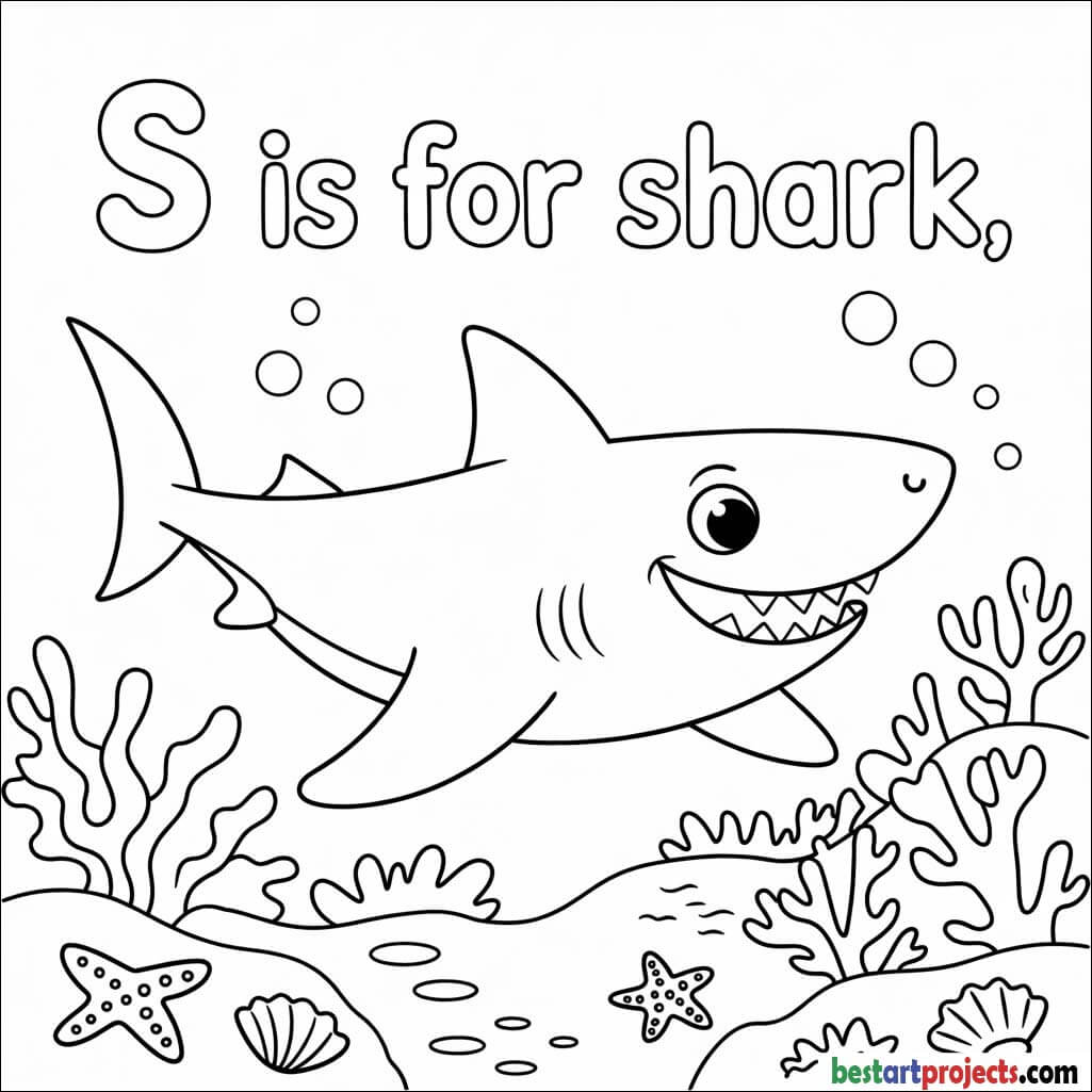 “S is for Shark” Coloring worksheet for preschoolers
