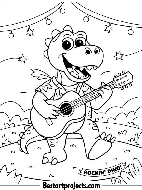 Cartoon Dinosaur  Playing a Guitar