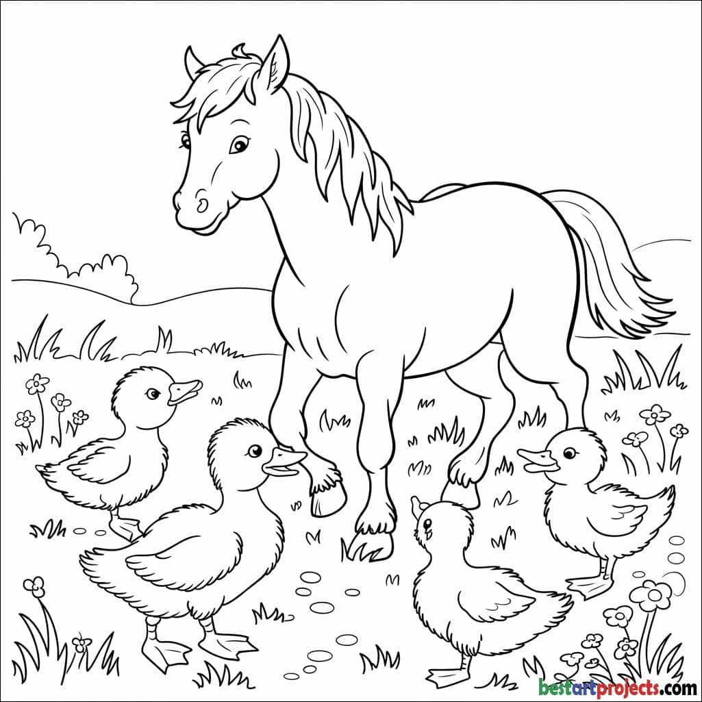 Horse and Duck Friends Coloring Sheet 