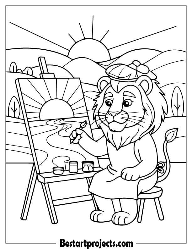 Lion painting a picture