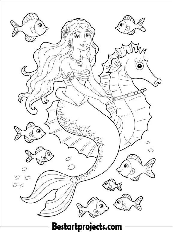 Mermaid Riding a Seahorse Coloring Sheet PDF