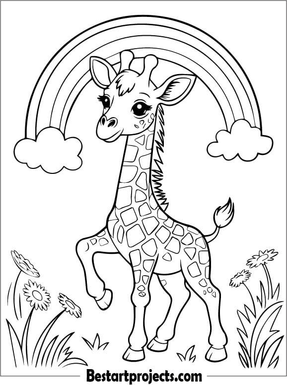 Baby Giraffe Under Rainbow Printable Coloring Page