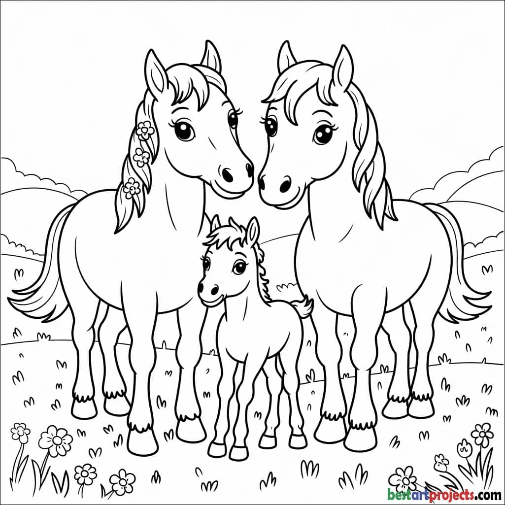 18.Cute Horse Family (Mom, Dad & Foal) Coloring Sheet for free 