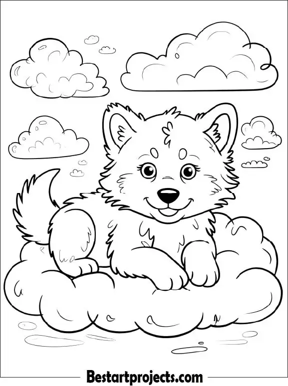 Cute Wolf on Clouds Coloring Sheet
