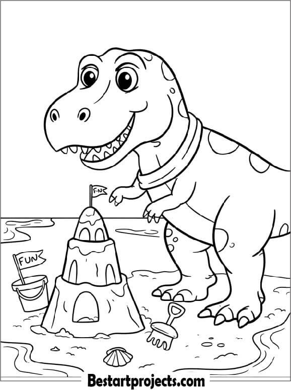 Dinosaur Building a Sandcastle Coloring Page