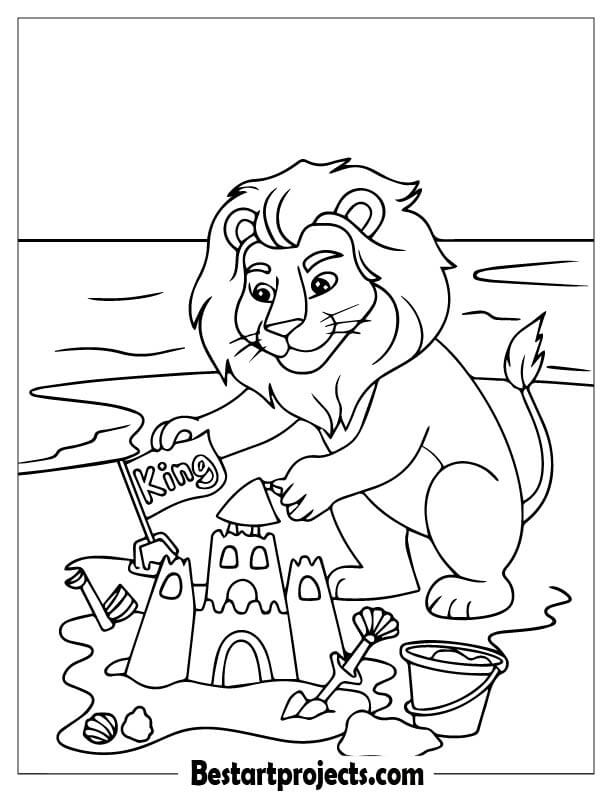 Lion making a sandcastle