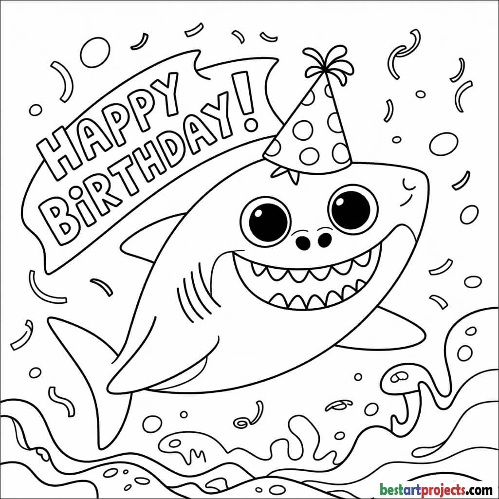 Shark wearing party hat Coloring page