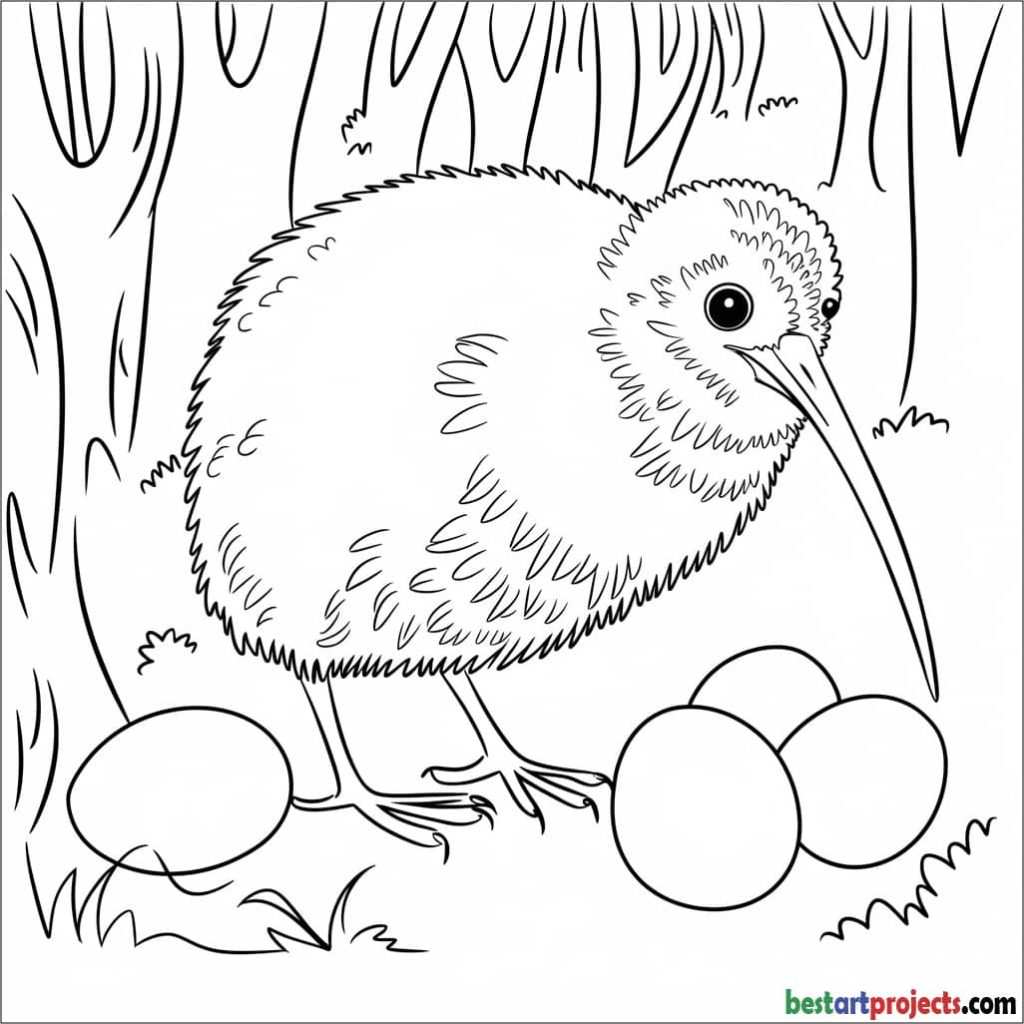 Kiwi Bird with Eggs Printable Coloring Page