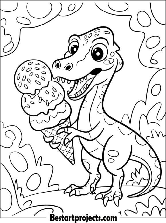 Cute Velociraptor Eating Ice Cream Coloring Page