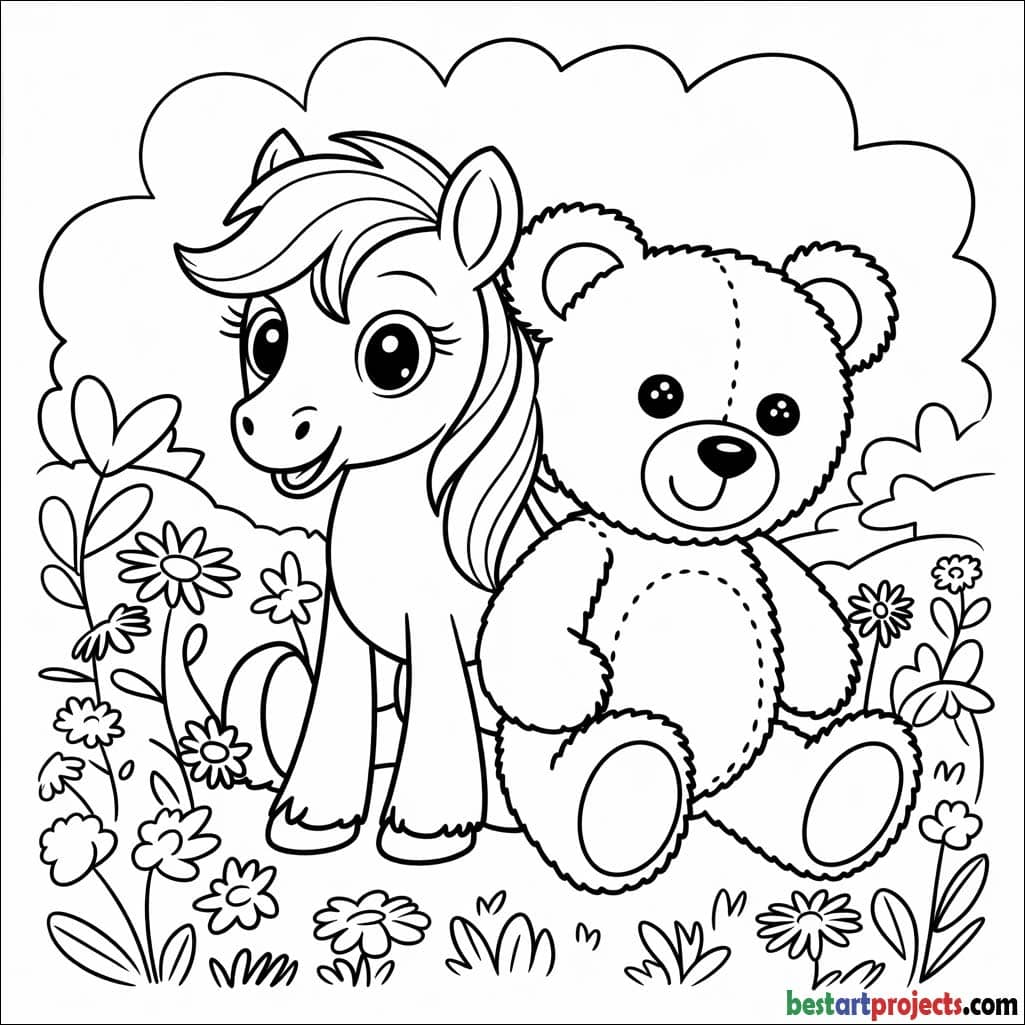 Pony with a Teddy Bear to color 