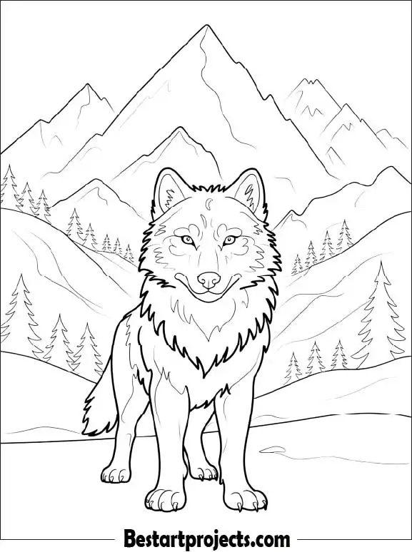 Wolf and Mountain Scene Coloring Page